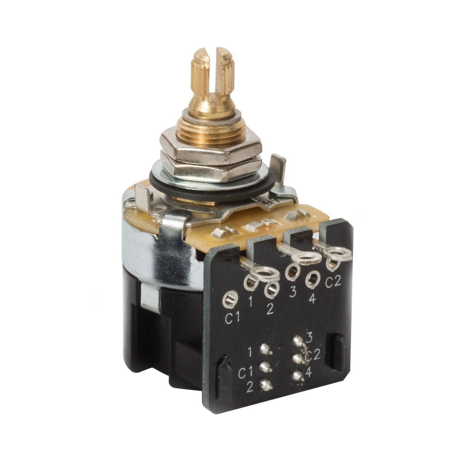 Mechanical switch with gold and silver components on a white background