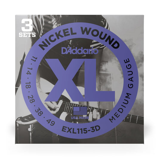 D'Addario 11-49 Medium, XL Nickel Electric Guitar Strings 3-Pack