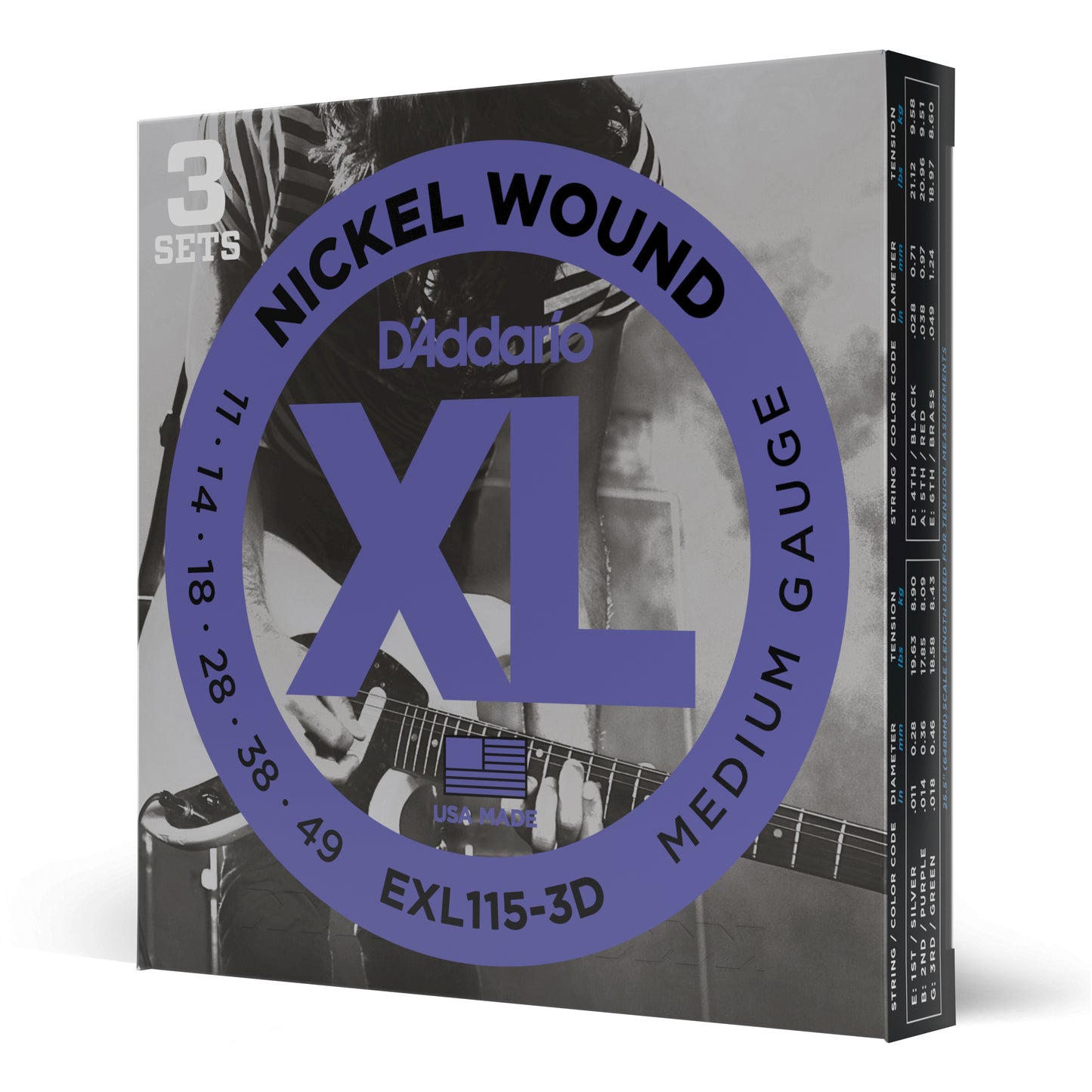D'Addario 11-49 Medium, XL Nickel Electric Guitar Strings 3-Pack