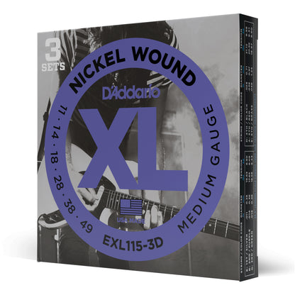 D'Addario 11-49 Medium, XL Nickel Electric Guitar Strings 3-Pack