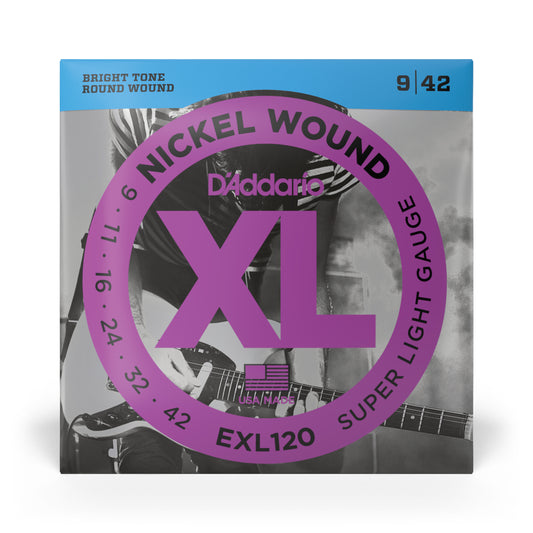 D'Addario XL nickel wound guitar string set packaging with a guitar player in the background.