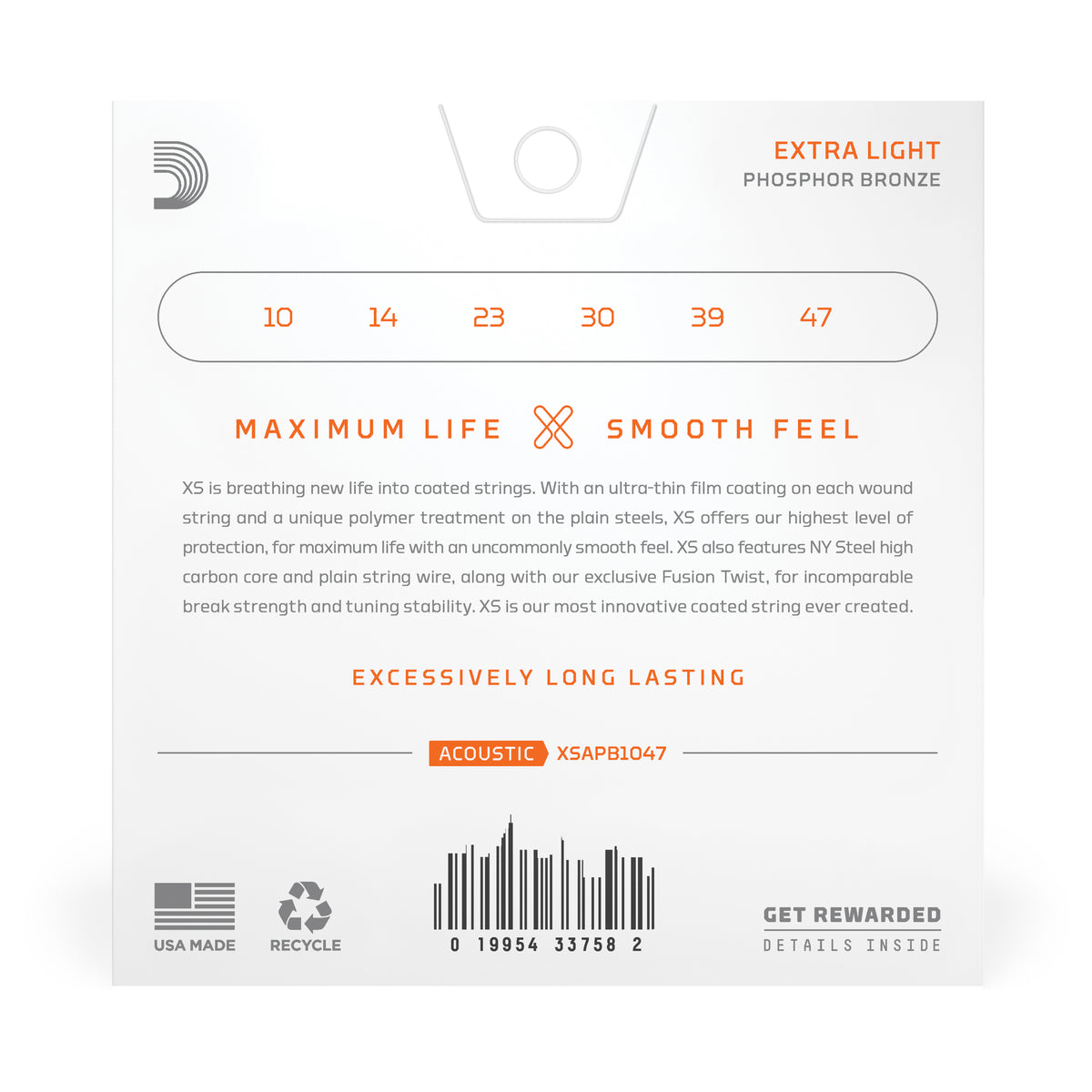 D'Addario 10-47 Extra Light, XS Phosphor Bronze Coated Acoustic Guitar Strings