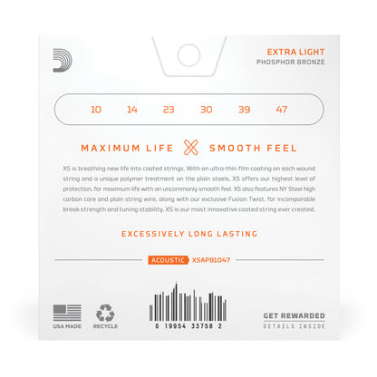 D'Addario 10-47 Extra Light, XS Phosphor Bronze Coated Acoustic Guitar Strings