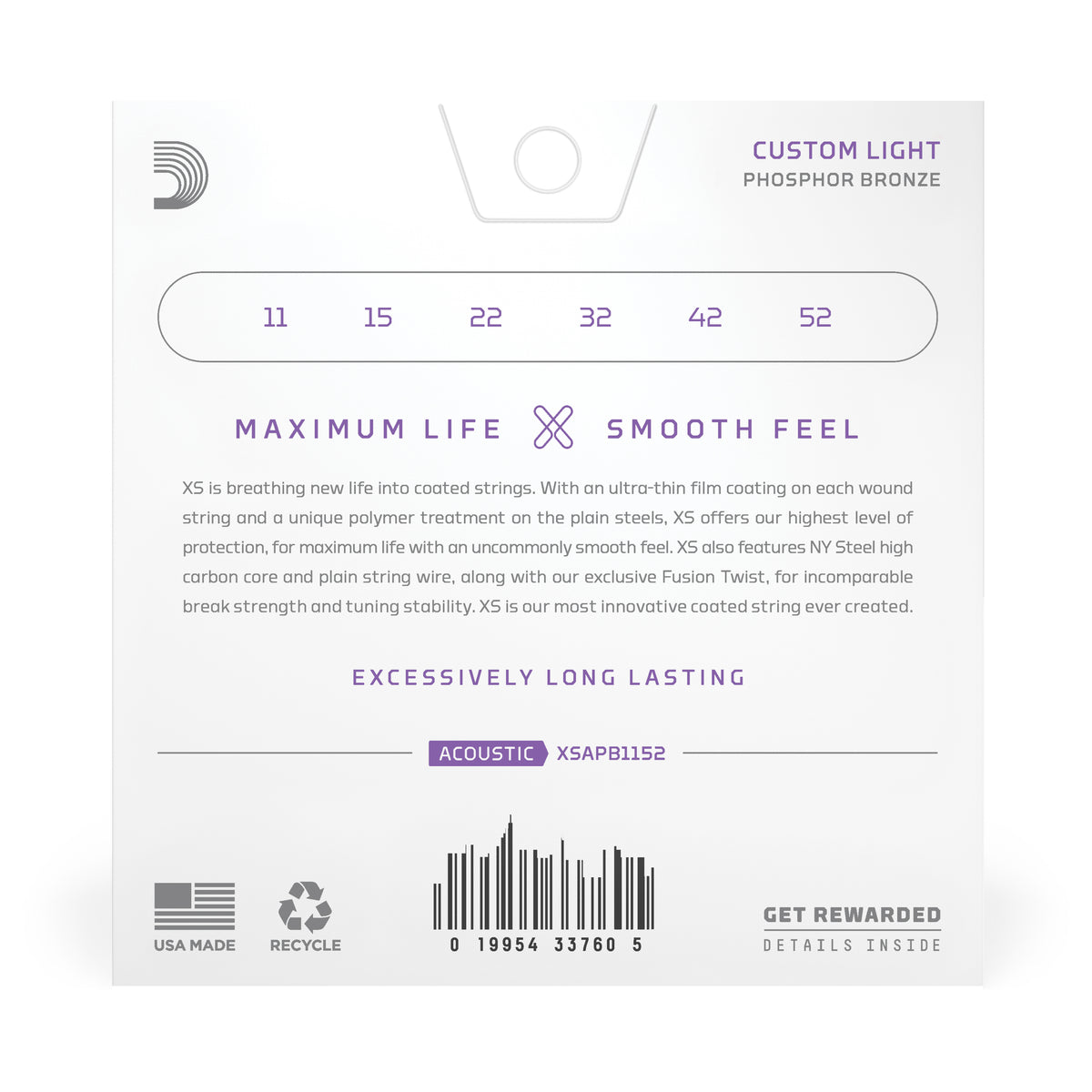 D'Addario 11-52 Custom Light, XS Phosphor Bronze Coated Acoustic Guitar Strings