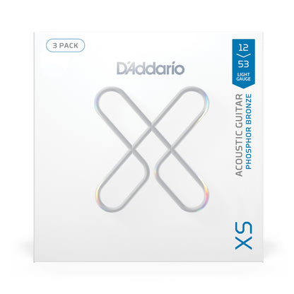 D'Addario 12-53 Regular Light, XS Phosphor Bronze Coated Acoustic Guitar Strings 3-Pack
