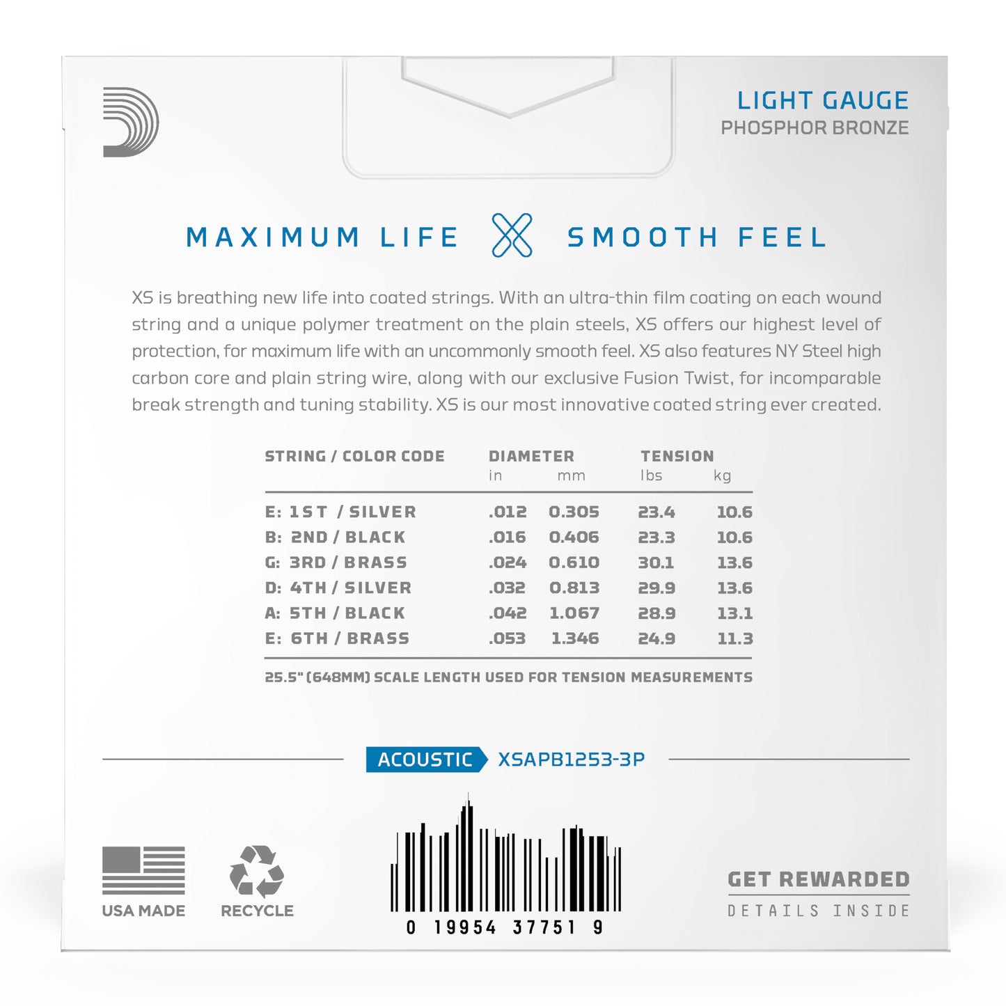 D'Addario 12-53 Regular Light, XS Phosphor Bronze Coated Acoustic Guitar Strings 3-Pack