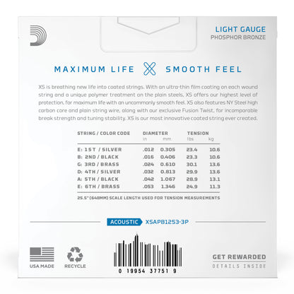 D'Addario 12-53 Regular Light, XS Phosphor Bronze Coated Acoustic Guitar Strings 3-Pack