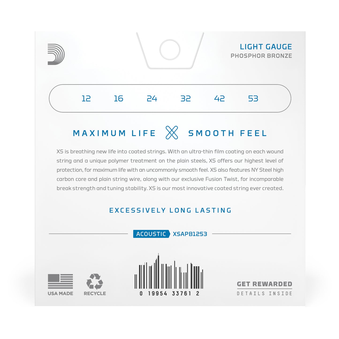 D'Addario 12-53 Light, XS Phosphor Bronze Coated Acoustic Guitar Strings