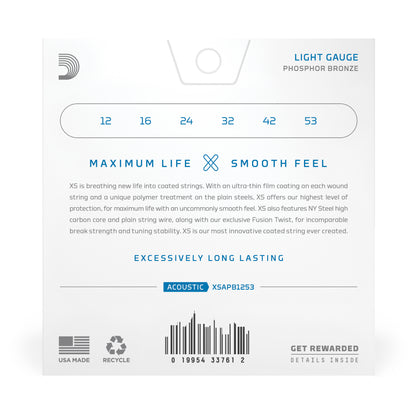 D'Addario 12-53 Light, XS Phosphor Bronze Coated Acoustic Guitar Strings