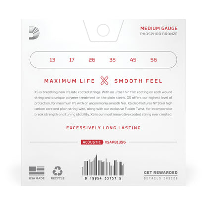 D'Addario 13-56 Medium, XS Phosphor Bronze Coated Acoustic Guitar Strings